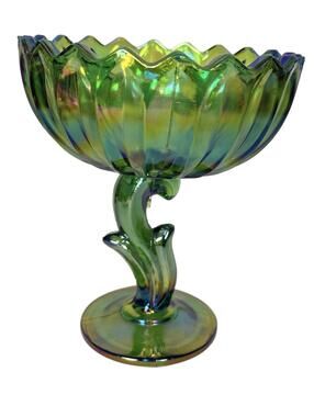 Vintage Indiana Glass Green Carnival Compote Lotus Blossom Ruffled Footed Bowl